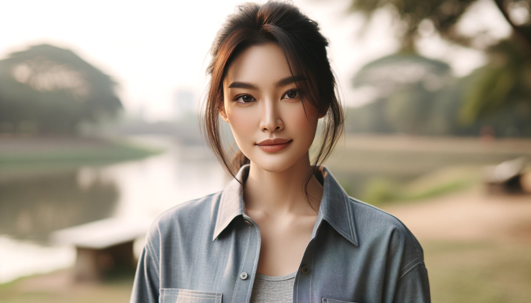 a young Vietnamese woman outdoors, with a natural landscape in the background