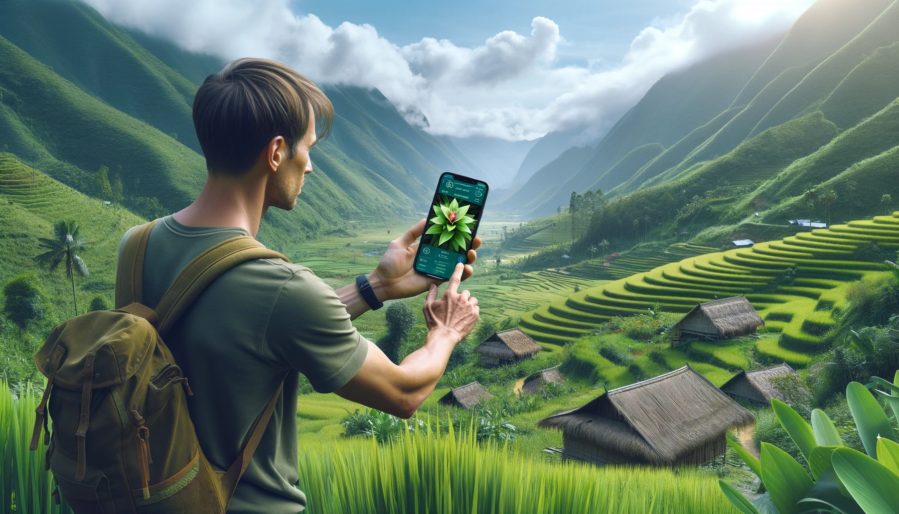 a tourist in the verdant fields of Sa Pa, Vietnam, using a plant identification app on their smartphone.