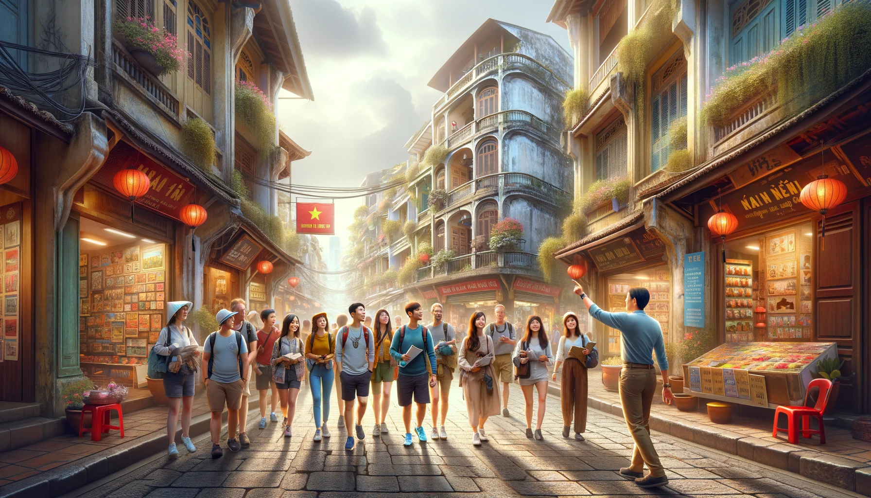 a diverse group of tourists led by a local guide, exploring the vibrant streets filled with colorful shops and traditional architecture, embodying the dynamic and engaging experience of discovering the soul of Vietnam