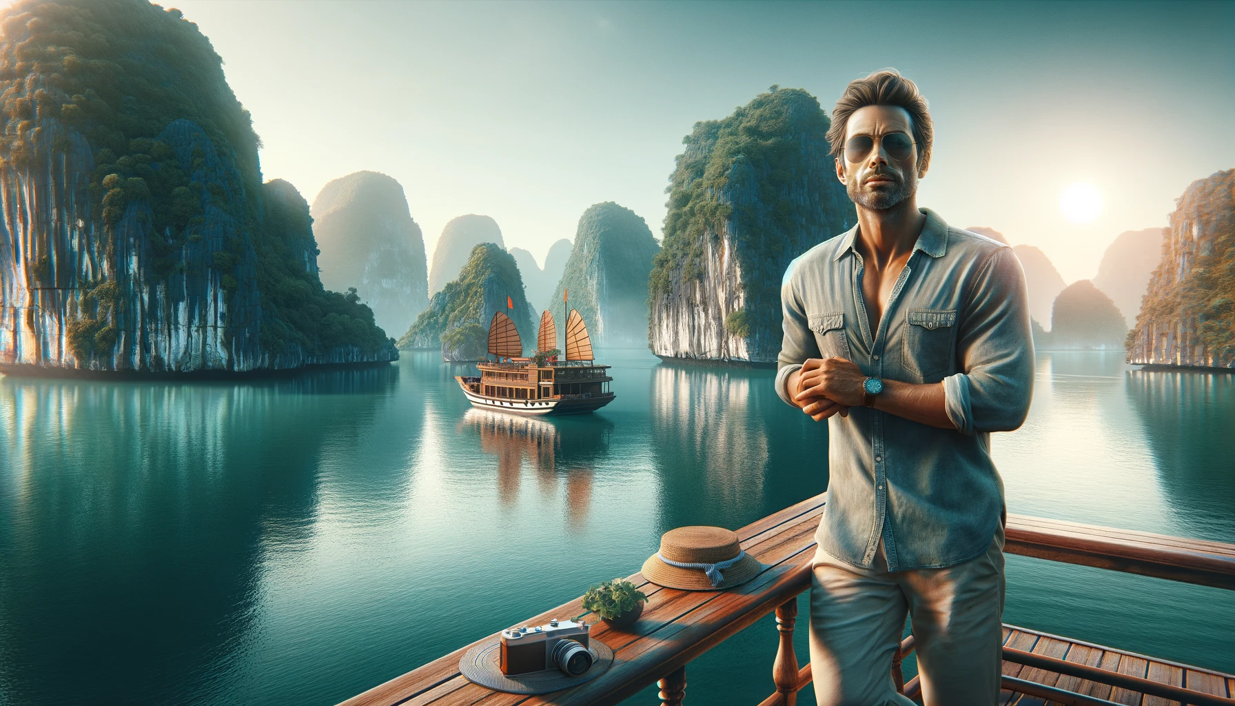 traveler in Vietnam during the optimal travel period, showcasing the serene beauty of Ha Long Bay