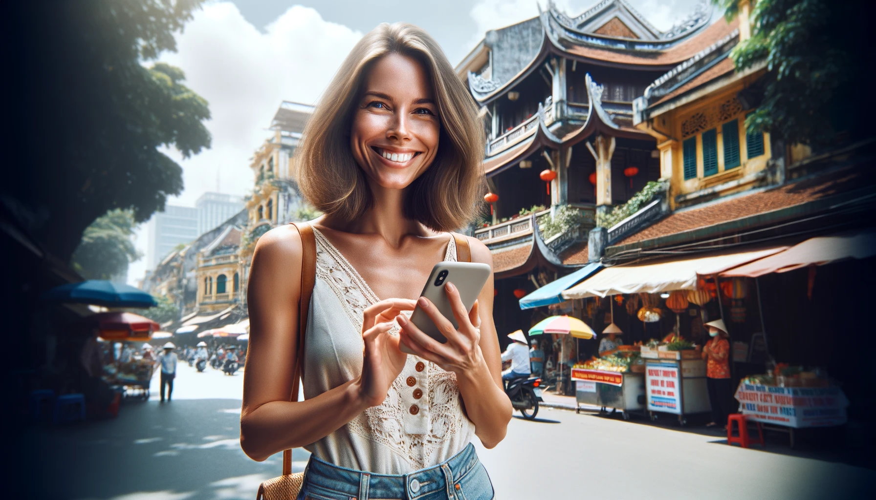 a smiling female tourist using her phone in Vietnam. She is standing in the bustling streets of Hanoi with traditional Vietnamese architecture in the background.
