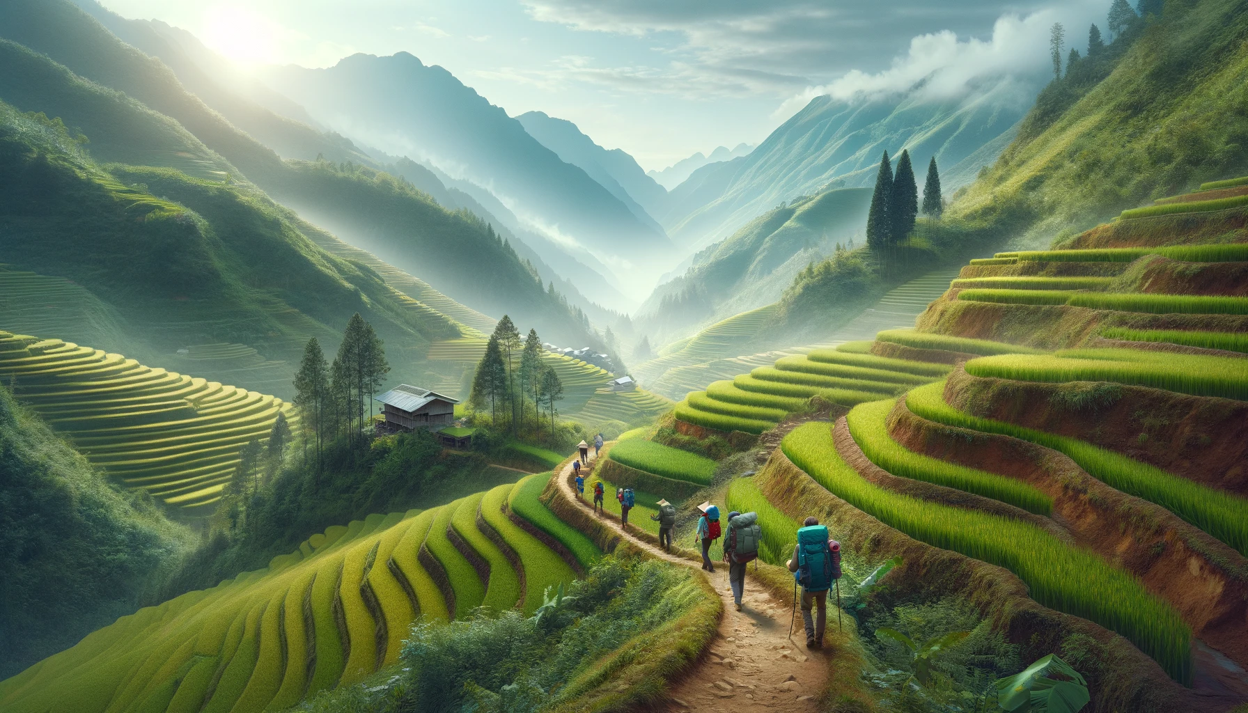 a trekking scene in Vietnam's northern mountains, specifically in Sapa. 