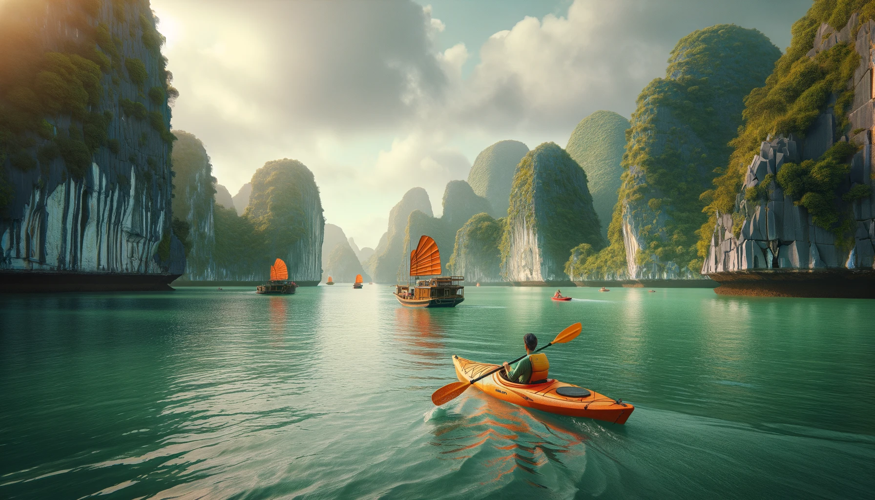 a person kayaking on the calm, emerald green waters surrounded by towering limestone karsts.