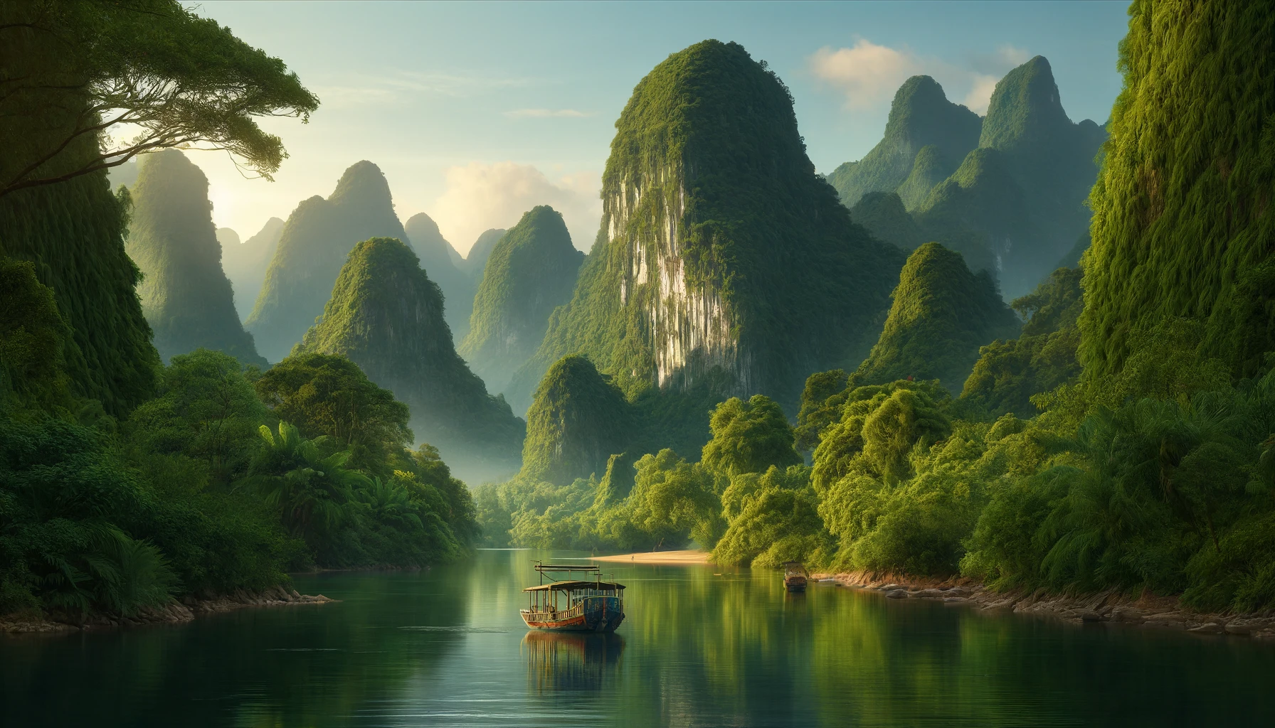 Phong Nha-Ke Bang National Park in Vietnam, showcasing its stunning natural beauty with limestone karsts, covered in lush greenery, rising dramatically from the forest.
