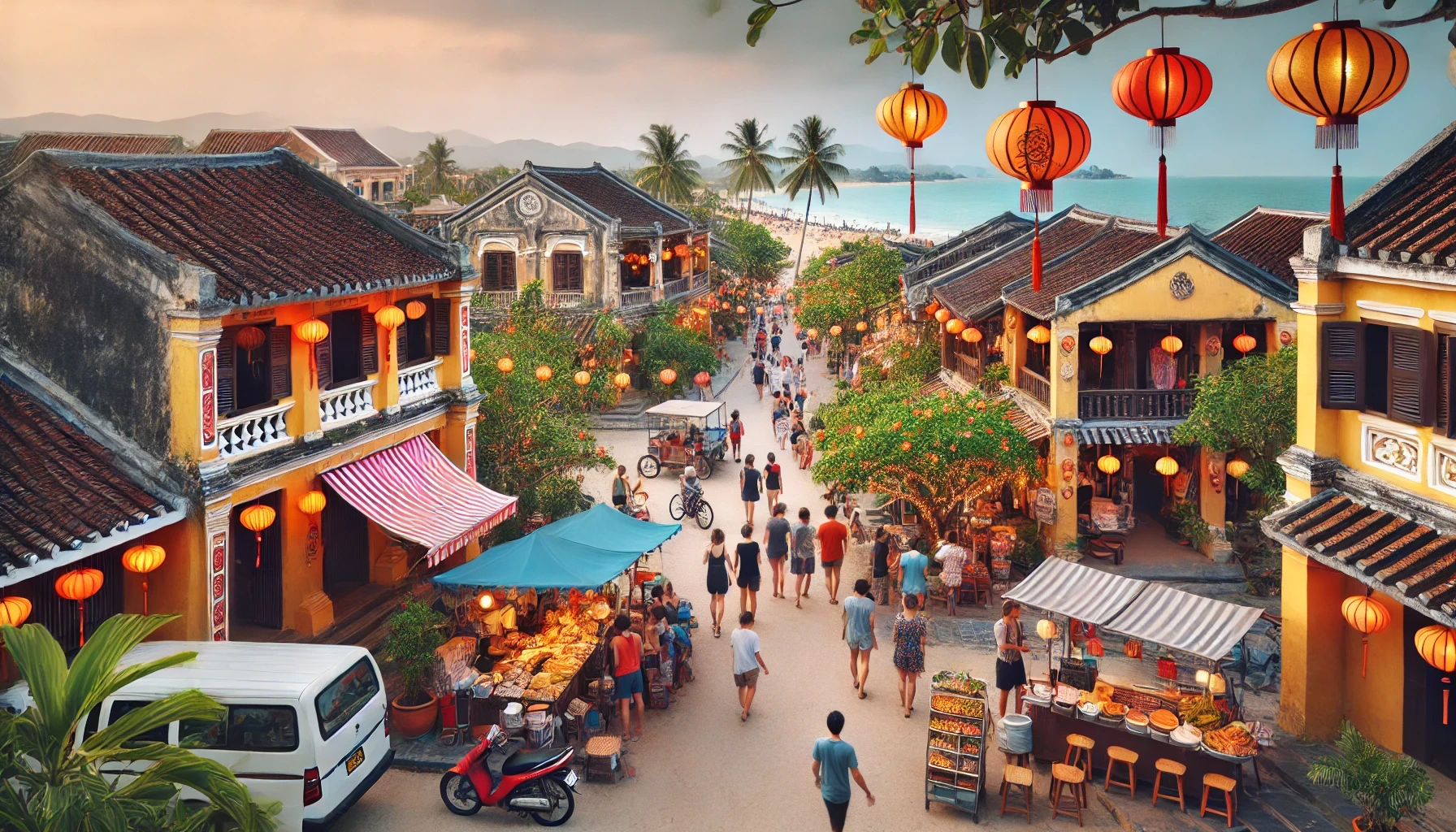 A bright street scene in Hoi An, Vietnam is showing well-preserved ancient architecture, charming streets decorated with colorful lanterns, and bustling local markets.