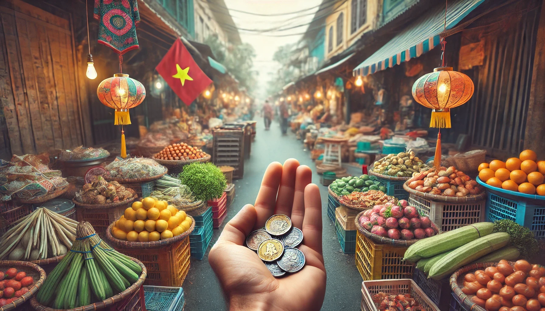 A Vietnamese market with the focus is on a tourist's hand holding a few colorful Vietnamese coins.