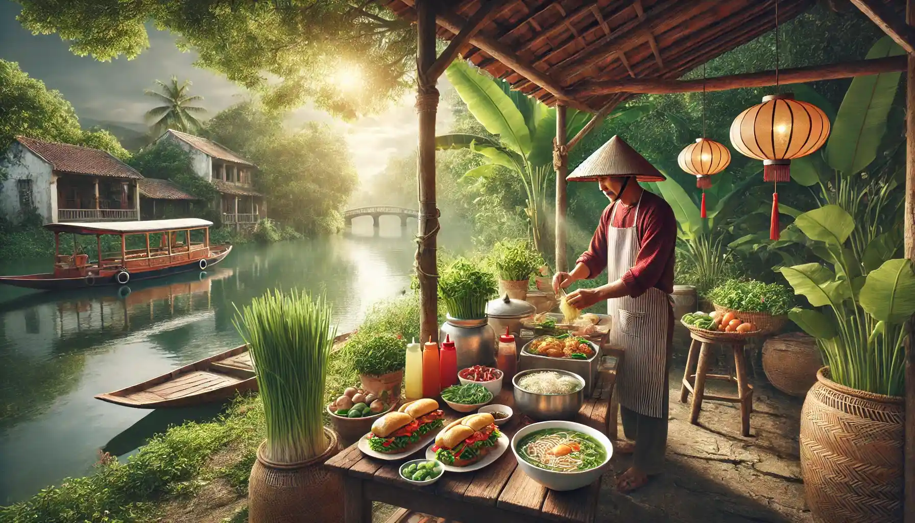 a traditional Vietnamese food stall by a calm riverside, with a vendor preparing Banh Mi and Pho.