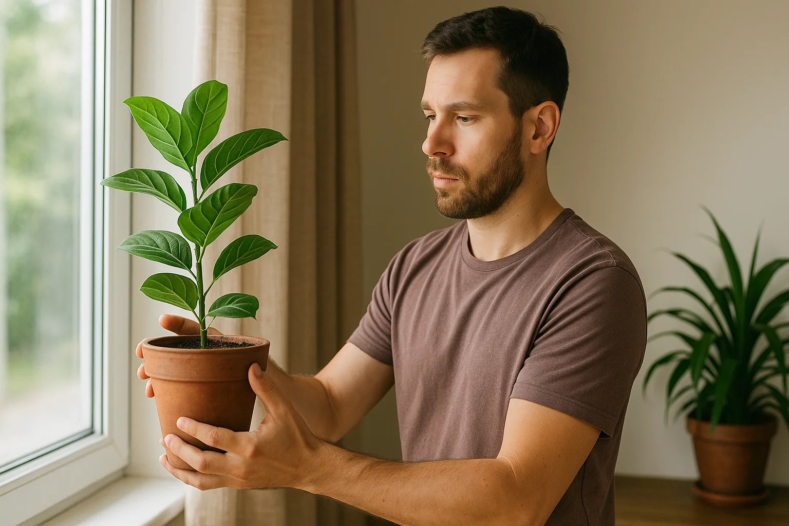 A man carefully turns a potted plant near a window to check how the light falls on its leaves.