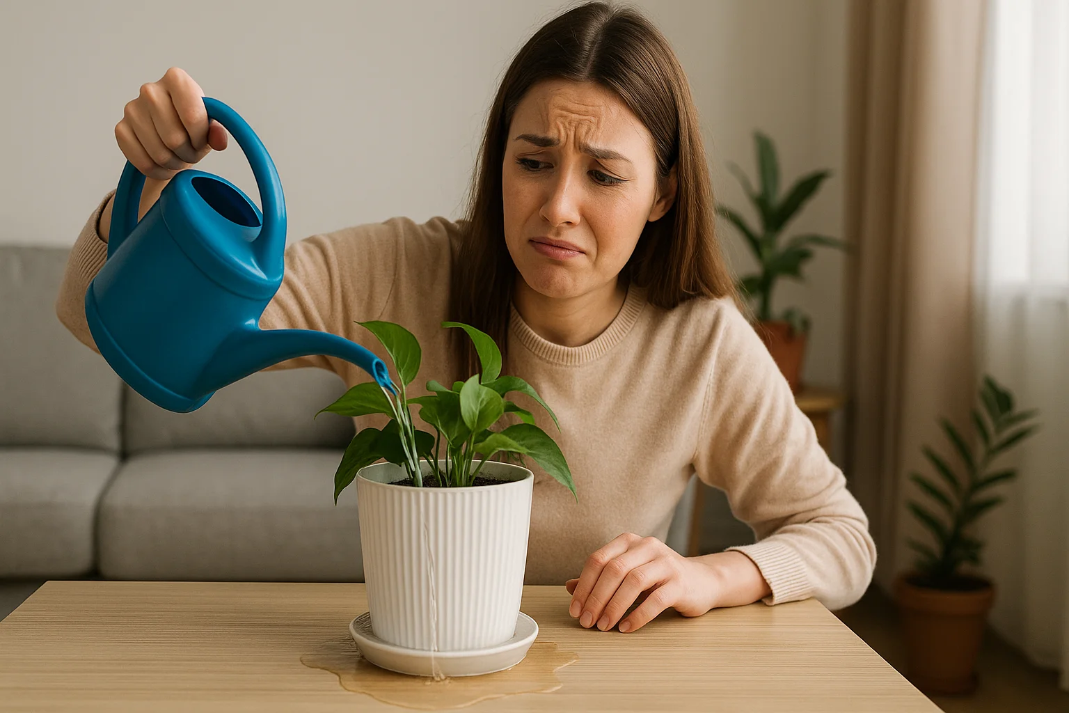 A young woman looks embarrassed as excess water overflows from her plant’s pot after she poured too much.