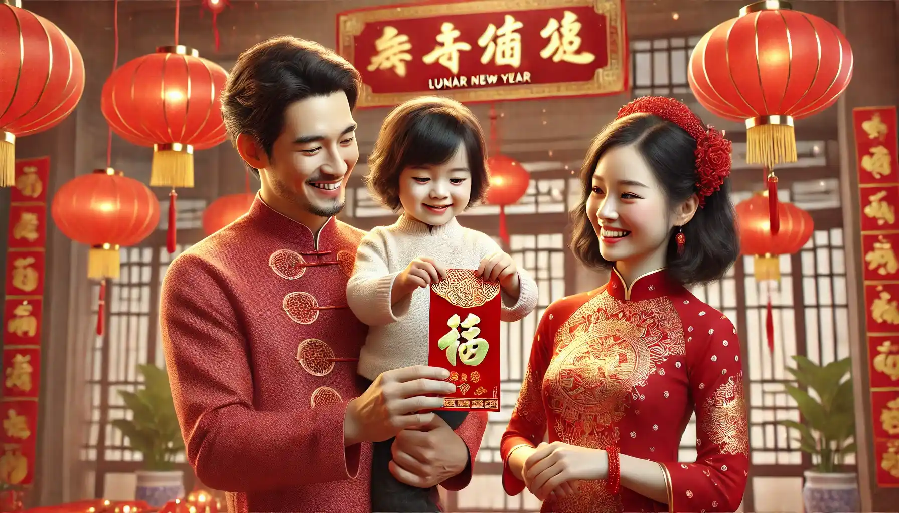 Vietnamese parents are giving a red envelope (lì xì) to their child during the Lunar New Year (Tết)