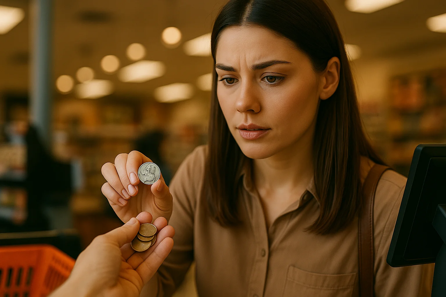 A young woman at a store counter notices a shiny 2024 quarter among her change as she hands coins to the cashier.