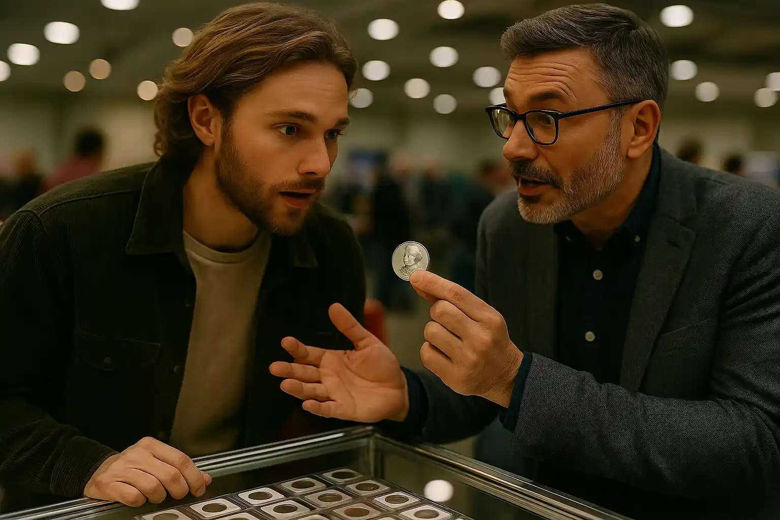 Two collectors at a coin show enthusiastically examine and discuss a 2024 quarter.
