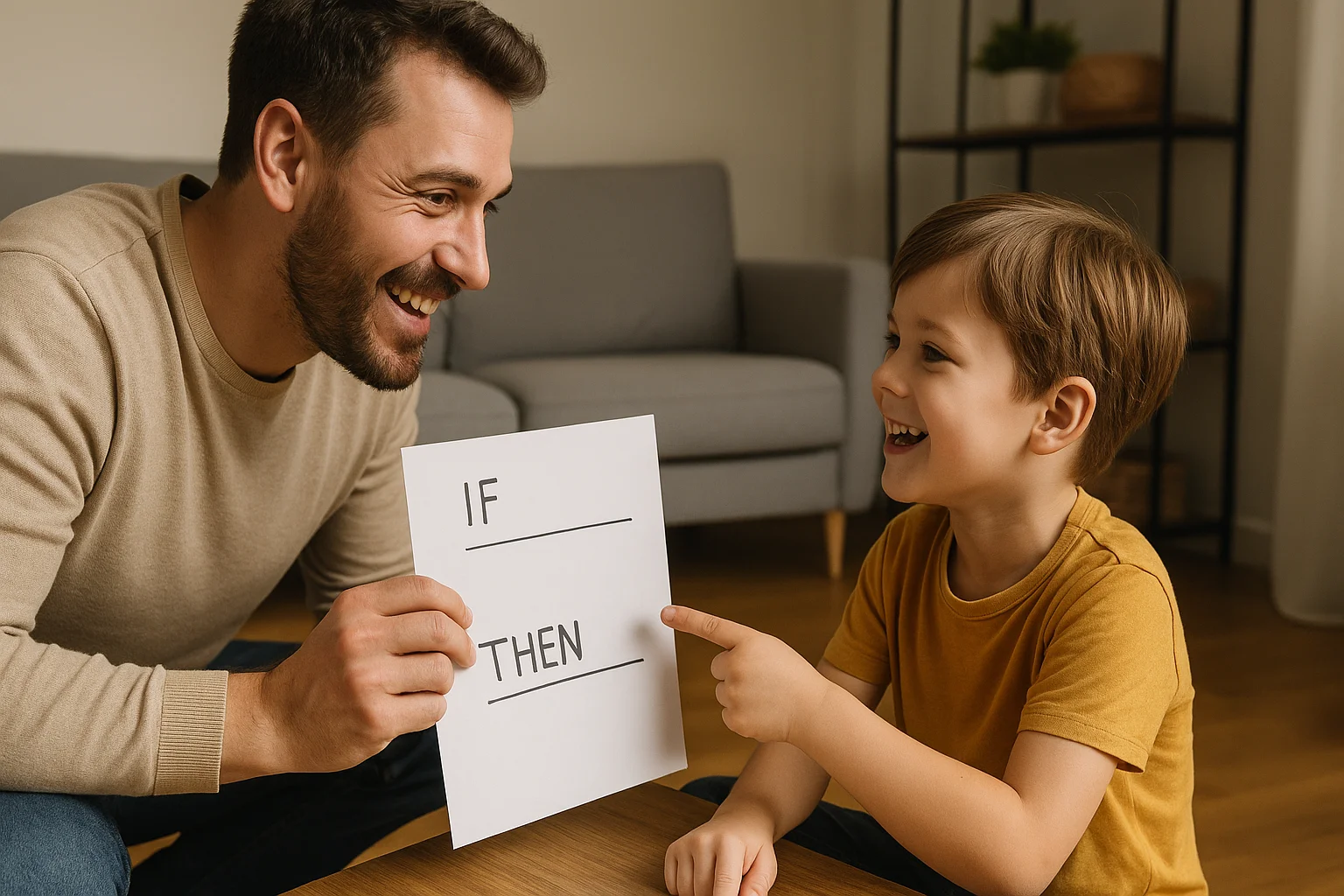 A father and his son smile at each other while discussing something  in a playful manner.