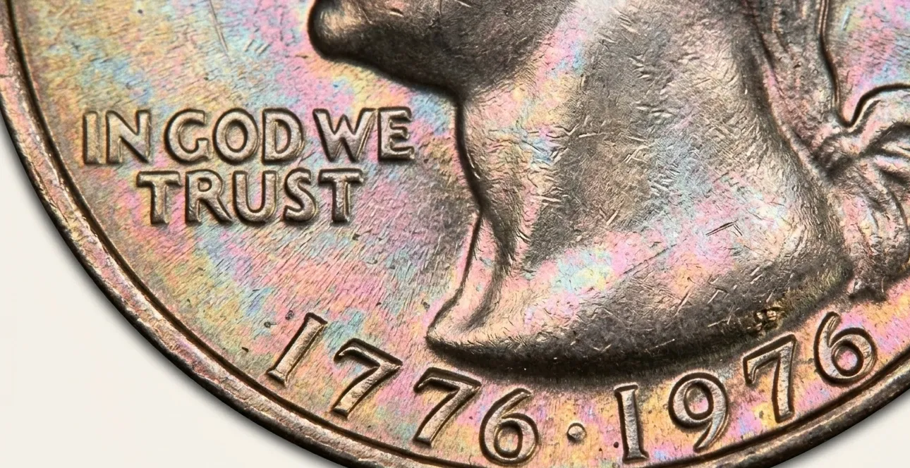 Extreme close-up of 1976 quarter date and lettering